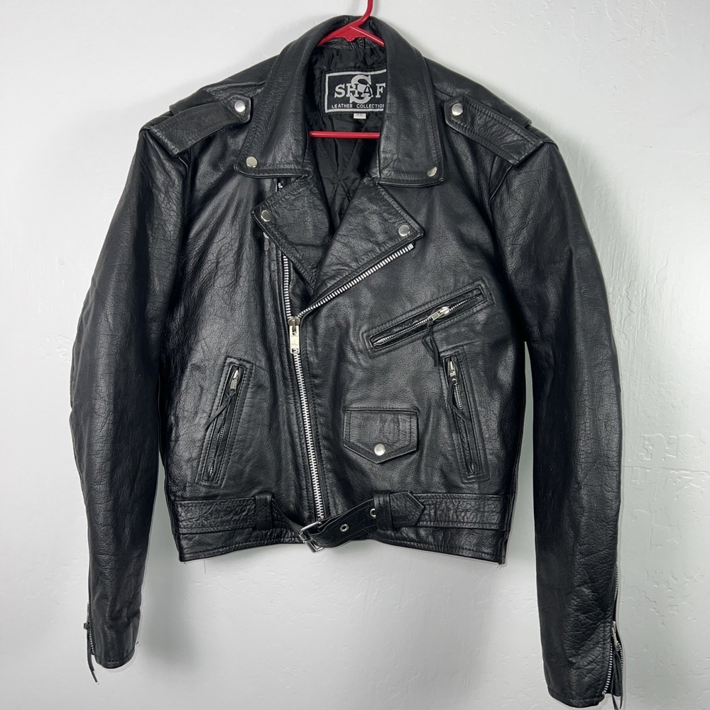 Vintage Shaf Black Leather Jacket - Motorcycle Biker Style, Size‎ 46 ✅
